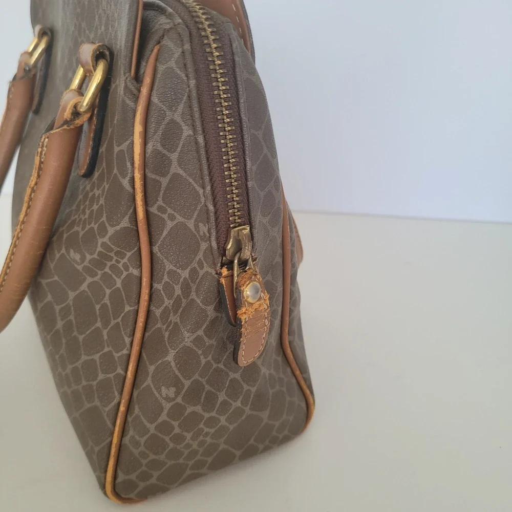 Nina Ricci Vintage‎ Brown Textured Satchel Bag Top Handle Logo Print Handbag